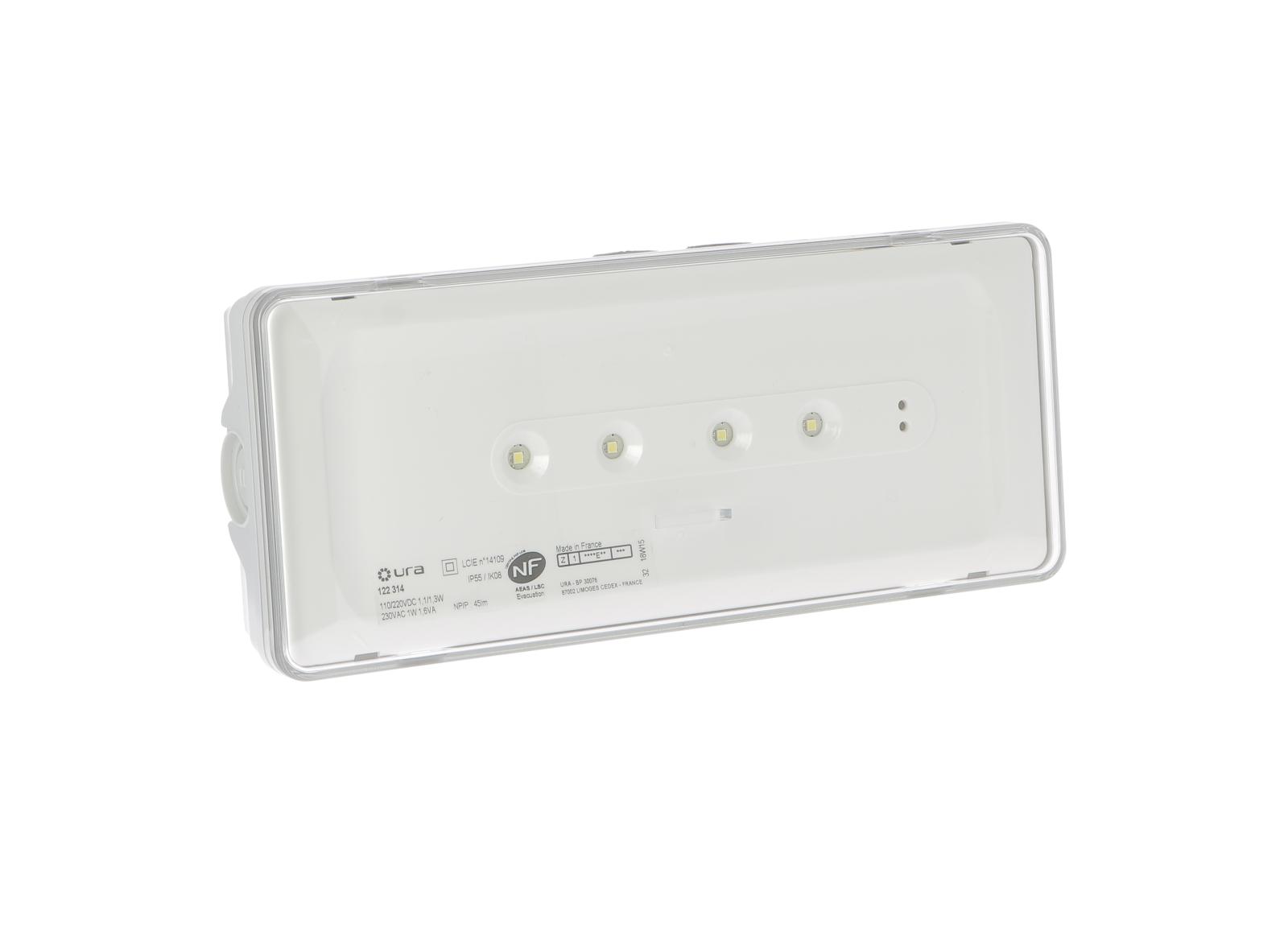 Luminaire pour Sources Centrales LSC d'évacuation 110V=/220V=/230V~ Urajet IP55 IK08 flux 45lm Luminaire pour Sources Centrales LSC d'évacuation 110V=/220V=/230V~ Urajet IP55 IK08 flux 45lm