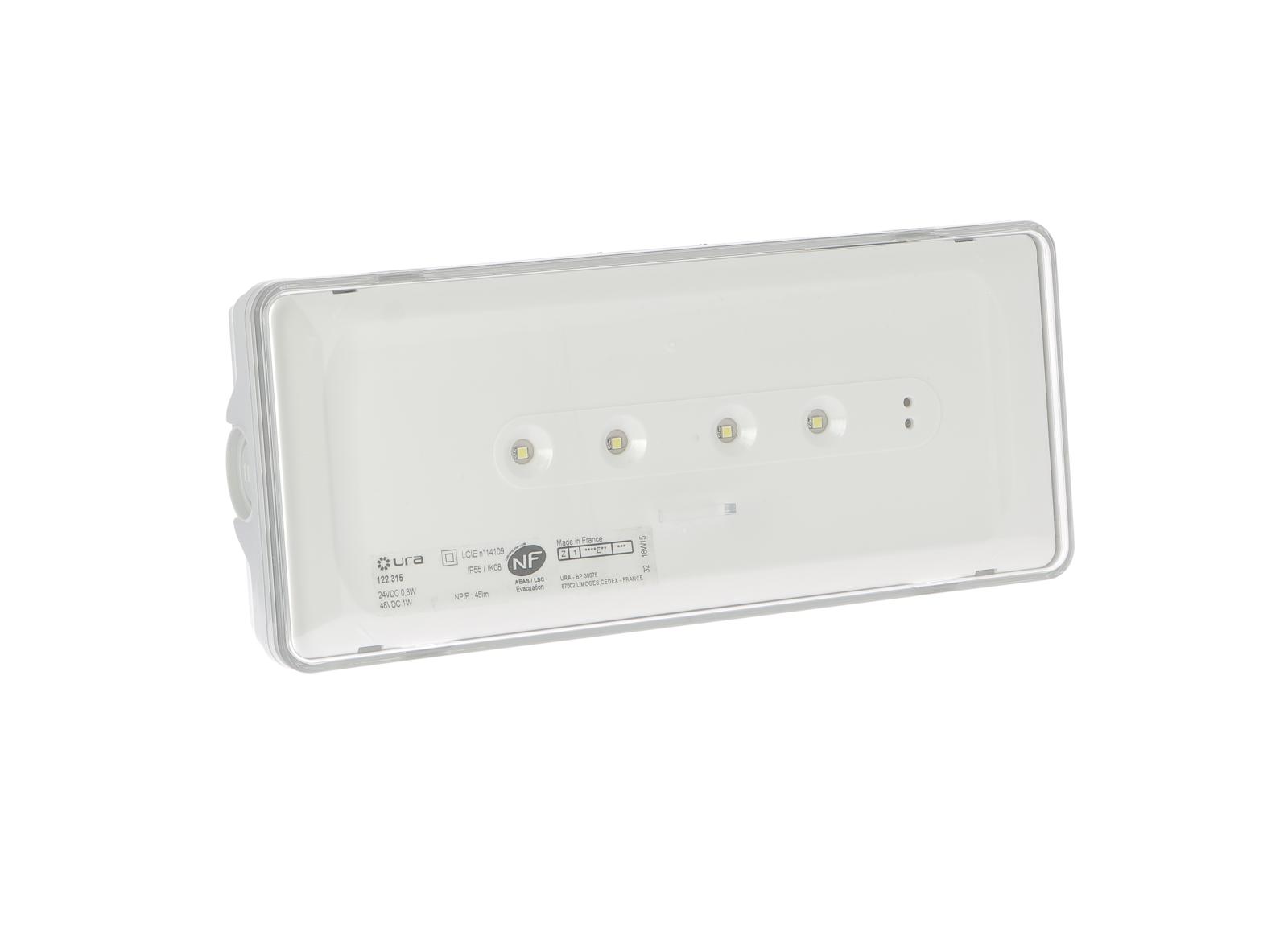 Luminaire pour Sources Centrales LSC d'évacuation 24V=/48V= Urajet IP55 IK08 flux 45lm Luminaire pour Sources Centrales LSC d'évacuation 24V=/48V= Urajet IP55 IK08 flux 45lm