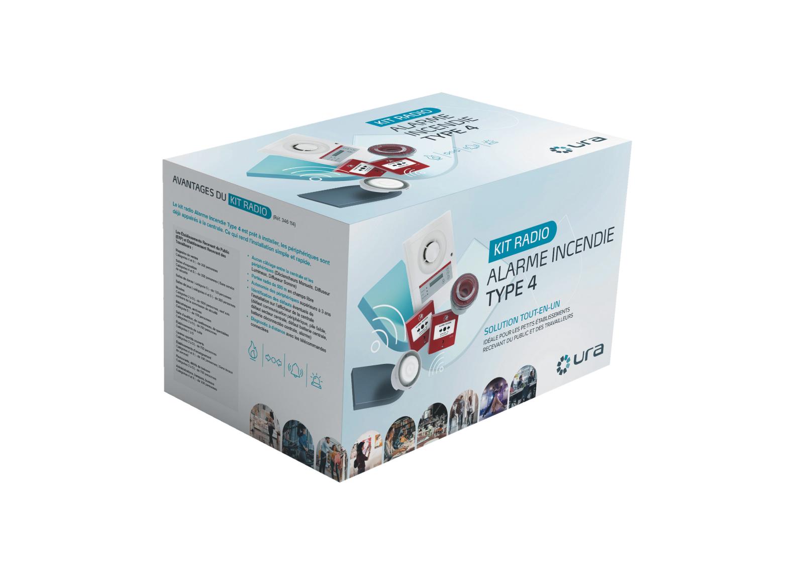 Prêt-à-poser Alarme type 4 radio - centrale T4 radio, 2 déclencheurs manuels radio, 1 diffuseur sonore & 1 diffuseur lumineux radio