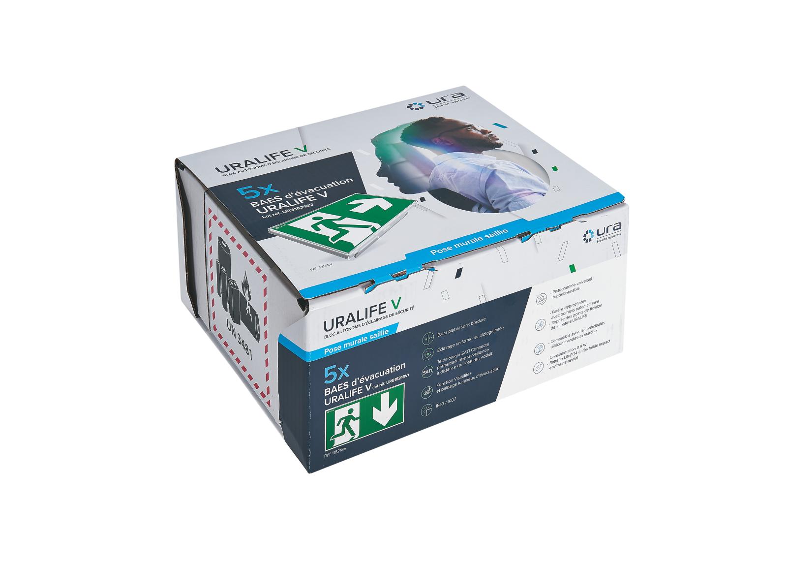 Lot de 5 BAES d'évacuation SATI connectés Uralife V pour installation murale référence 118218V