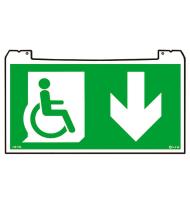 Porte-pictogramme signalisation Évacuation Practice Evolution avec Personne à Mobilité Réduite PMR et flèche vers le bas